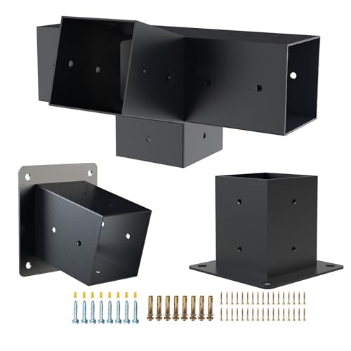 Pergola Kit with Brackets, 15°Slanted Roof Pergola Bracket Kit, Roof Wall Mount Extension Bracket Kit 4-Way Brackets for Pergolas,Log Cabin Outdoor Pergola 4"x 4" (Actual 3.5" X 3.5") Lumber - color: 1PC 15° 4-Way+1PC 15° Post+1PC Post
