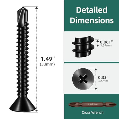 150pcs #10 x 1-1/2 Sheet Metal Self Tapping Screws Assortment Kit, 410 Stainless Steel Flat Head High-Strength Fast Self-Drilling Screws, Black Oxided - size: #10x1-1/2"