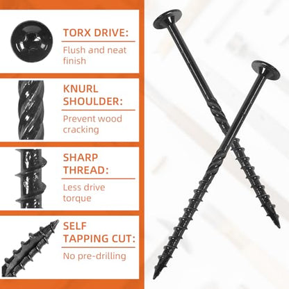 #14 x 4 Wood Structural Screws, Wood Screws, 200Pcs Lag Screws 4 Inch, Rust Resistant, Washer Head, Black Coated, Star Drive with Bit - size: #14 x 4"