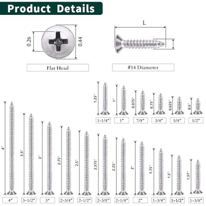 #14 x 2-3/4" Flat Head Sheet Metal Screws, 304 Stainless Steel (18-8), Phillips Drive, Self Tapping, Corrosion Resistant Screws for Wood, Sheet Metal and More, 25 Pack - size: #14 x 2-3/4"