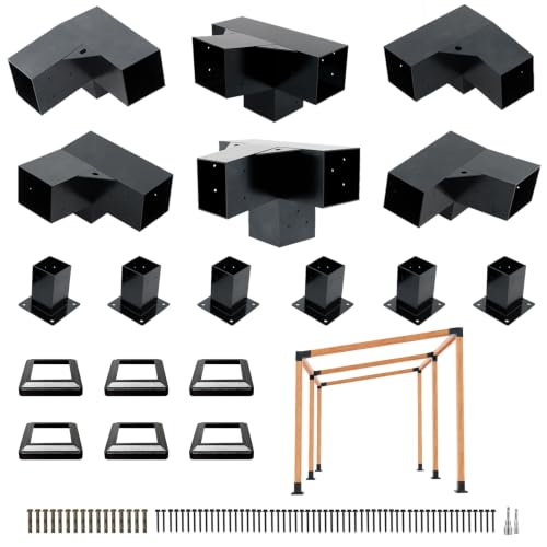 6 PCS Iron Pergola Brackets with 6 Post Bases & Covers - size: 18-Pc Lean-To Kit: 6x Brackets + 6x Bases & Cover
