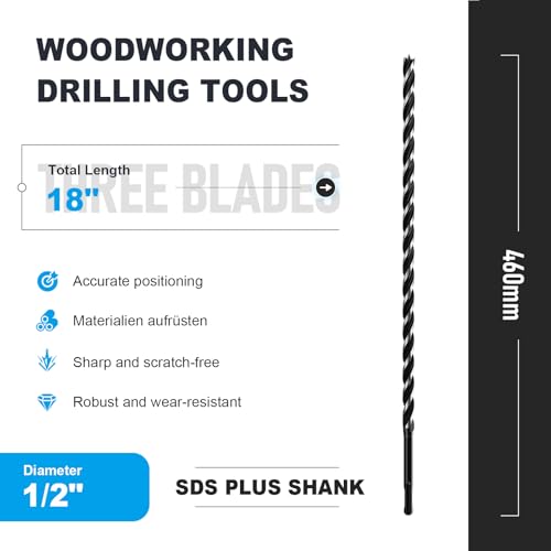1/2" x 18" Auger Drill Bit with SDS Plus Shank for Wood - size: 1/2"x18"