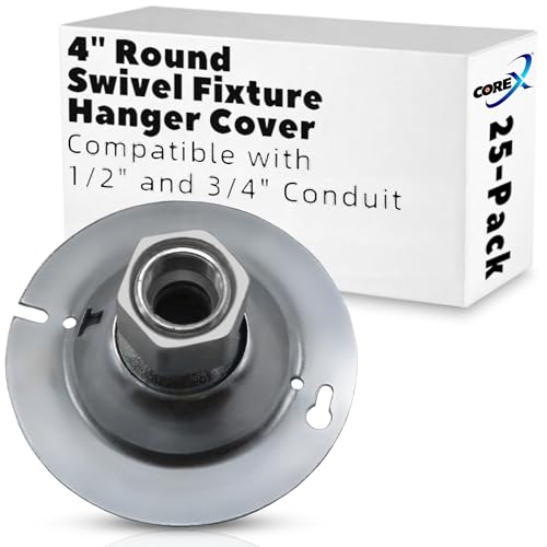 COREX 25-Pack 4" Round Swivel Fixture Hanger Cover for Round Electrical Boxes - Fits 1/2" and 3/4" Threaded Nipple and Conduit - Malleable Iron Swivel Hub with Steel Cover and Reducing Bushing - size: 25 Pack - Round Box