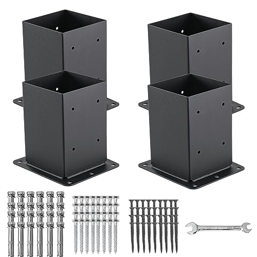4x4 Post Base 4 Pcs, (Inner Size 3.6x3.6) Post Anchors, 13GA Thick Solid Steel & Black Powder Coated,Deck Post Brackets Support Deck Base Plate Pergola Brackets Fence Kit Mailbox Mount - size: 4"x 4", style: 4 Pcs
