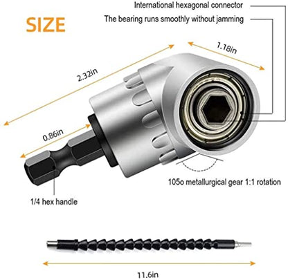 Flexible Drill Bit Extension Set, Includes 105° Right Angle Drill, Bendable Drill Extension, 3pcs 1/4 3/8 1/2" Universal Socket Adapter Set, 3pcs Drill Bit Holder, Screwdriver Bit Kit