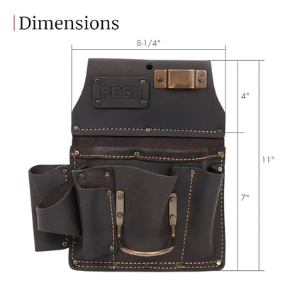 FESA Leather Drywaller's Tool Pouch - 10-in-1 Heavy Top Grain Leather With Steel Hammer Loop & Tape Measure Clip - Fits Belts up to 3" - Handcrafted - color: Brown