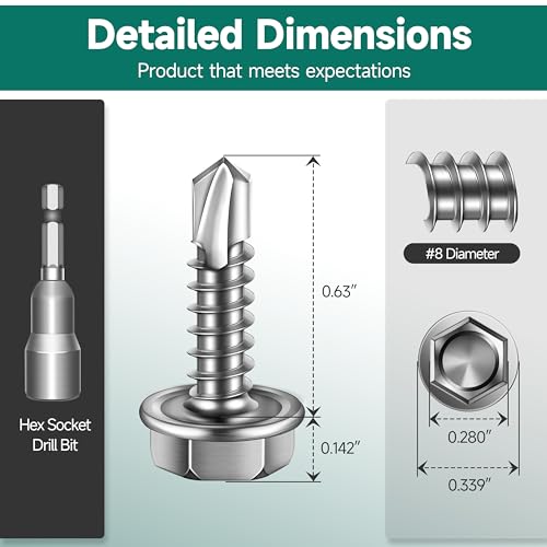 100Pcs #8 x 5/8" Sheet Metal Screws, 410 Stainless Steel Self Drilling Hex Washer Head Self Tapping Screws for Metal with Drill Bit - color: Silver, size: #8 x 5/8"