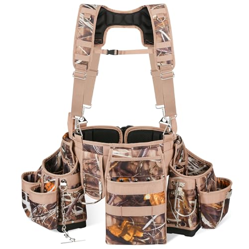 Chyaidach Camo 7 Piece Tool Belts for Men with Suspenders & Hard Bottom Pouches & Air Channel Support, Construction Tool Belt Framing Combo Heavy Duty Tool Rig for Carpenter Electrician Framer Roofing
