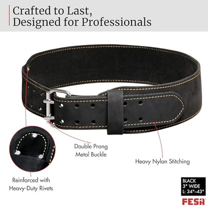 FESA Men's Leather Tool Belt - Handcrafted Top Grain Leather Tool Pouch Belt for Carpenters & Other Trade Professionals - color: Black - 3" Wide - L