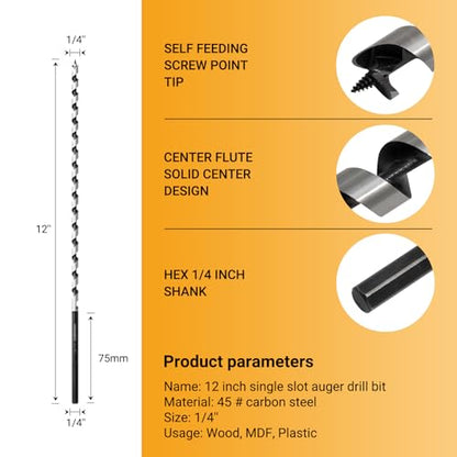 1/4 Inch x 12 Inch Auger Drill Bit, Hex Shank 3/8 Inch - size: 1/4" x 12"