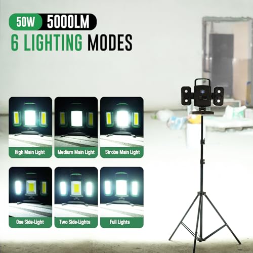 50W 5000LM Rechargeable Work Light, 3-in-1 Magnetic Work Light with Detachable 2 Floodlights, 9 Modes, Foldable&360° Rotatable IP65 Portable LED Worklight with Hooks for Jobsite Garage Car Repairing