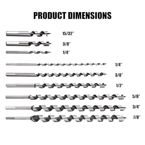 9Pcs Long Auger Drill Bit Set for Wood, 1/4"-7/8"