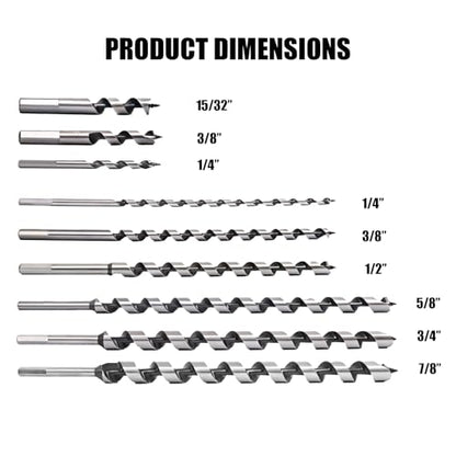 9Pcs Long Auger Drill Bit Set for Wood, 1/4"-7/8"
