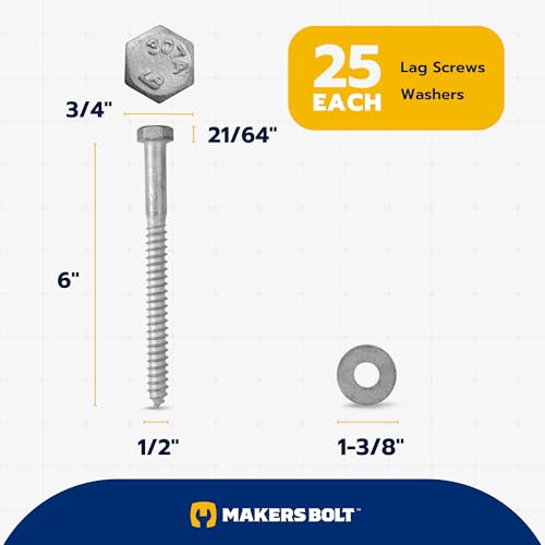 1/2 x 6 (25 Pack) Lag Screw Kit, 25 Screws and 25 washers, Hot Dip Galvanized, Meets ASME B18.2.1 Industrial/Commercial Grade by Makers Bolt - size: 1/2 x 6