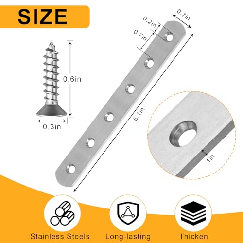 4 PCS Straight Brackets, 6 inch Flat Straight Braces, Stainless Steel Brace Bracket with 24 Pcs Screws for Furniture Repair Fixing