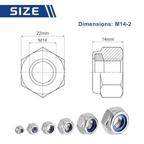 25Pcs M14-2 Nylon Locking Hex Nuts 304 StainlessSteel Silver - color: Silver, size: M14x2mm