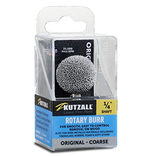 Kutzall Original Sphere Rotary Burr, 1⁄4" Shaft, Coarse - Wood Carving Bit for Bosch, DeWalt, Milwaukee Tools. Abrasive Tungsten Carbide Coating, 1" (25.4mm) Head Diameter, S-1