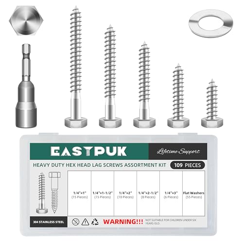 109Pcs 1/4" Hex Head Lag Bolts Screws Assortment Kit, Heavy Duty Lag Screws with Washers, 304 Stainless Steel 18-8, 1/4 Bolt for Wood, Bright Finish - size: 1/4" Kit