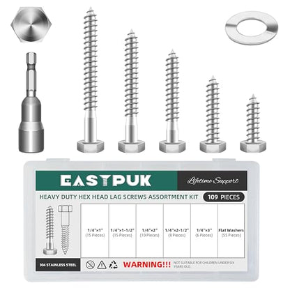 109Pcs 1/4" Hex Head Lag Bolts Screws Assortment Kit, Heavy Duty Lag Screws with Washers, 304 Stainless Steel 18-8, 1/4 Bolt for Wood, Bright Finish - size: 1/4" Kit
