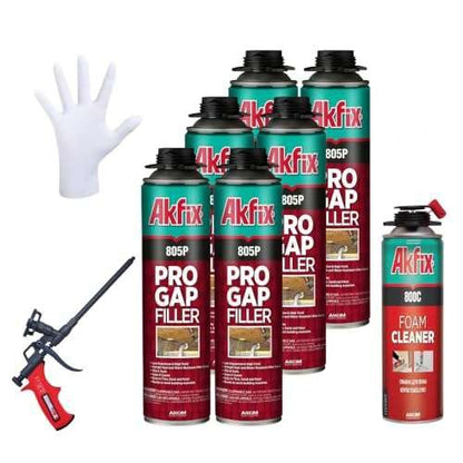 Akfix 805P PRO Gap Filler Expanding Foam Sealant Kit (6x24 Oz.) - Insulating Foam Sealant, Low Expansion Foam for Sound & Heat Insulation, Window & Door | Gun & Cleaner Included | 24 Oz. 6 Pack - size: Gap Filler Foam Set 24oz