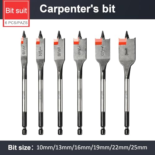 6 pc Standard Spade Bit Drill Bit Set,Threaded Spade Bit with Quick Change Shank for Hole Cutter Woodworking