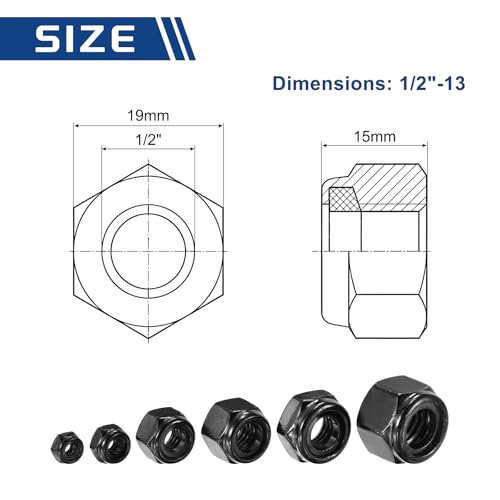50Pcs 1/2"-13 Nylon Locking Hex Nuts 304 StainlessSteel Black - color: Black, size: 1/2"-13
