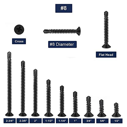 #8 x 1 Sheet Metal Screws 100Pcs 410 Stainless Steel Flat Head Fast Self Tapping Screws Black Oxide by SG TZH - size: #8 x 1"