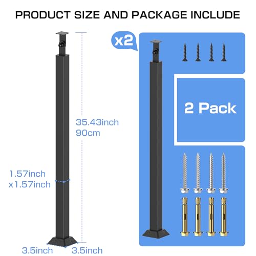 Black Metal Stair Railing Post, Side/Front Mount Baluster Spindles with 270° Adjustable Bracket, Perfect for Indoor Stairs, Deck, Porch and Balcony Railing, Front, 35.4inch, 2 Pack - size: Front-35.43 inch