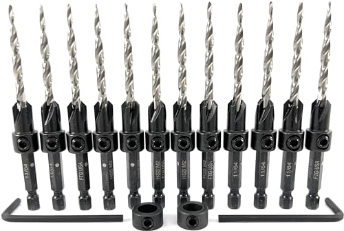 FTG USA 12 Pc #8 (11/64") Tapered Countersink Drill Bit Set with 2 Stops - size: #8, style: Same Sort 12 Pc
