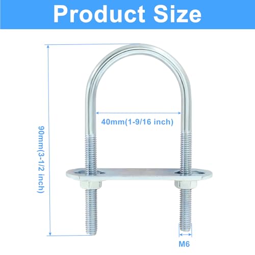 M6 U Bolts, 1-9/16 Inch Wide (40mm x 90mm), 4 Sets - size: 40 mm x 90 mm