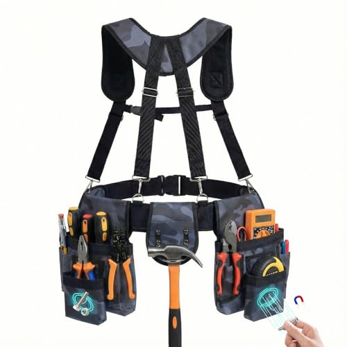 Tool Belt with Suspenders, 18-Pocket Combo Harness System with Magnetic Pouches, Heavy Duty Detachable Utility Bags Adjustable 32"-66" Waist for Electricians, Carpenters, Framers (Camouflage) - color: Camouflage