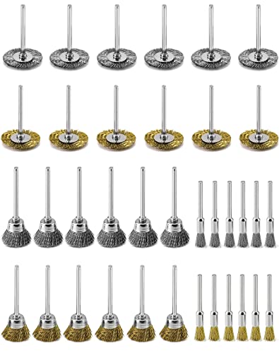 QWORK 36Pcs Brass & Stainless Steel Wire Brush Polishing Wheel Kit for Rotary Tools - for Metal, Wood Grinding, Deburring, and Polishing