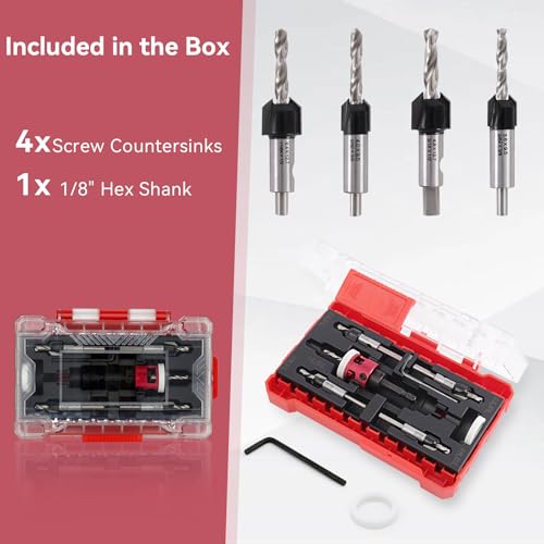 Countersink Drill Bit Set - 5 Pcs Countersink Drill Bit with Low Friction Depth Stop, HSS M2 Tapered Bits, Carbide Drill Bits 1/4” Hex Shank for Woodworking Tools - color: red