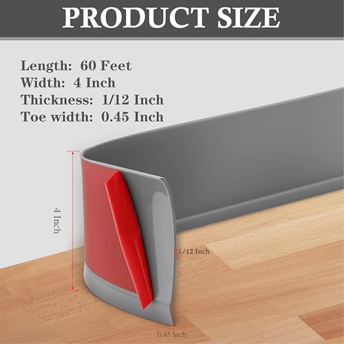 Peel and Stick Baseboard Trim 4" x 60 ft, Vinyl Baseboard Molding Gray - color: Gray, size: 4in x 60ft