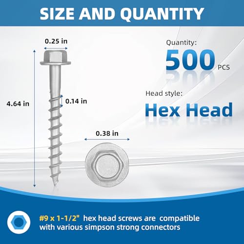 Upgrade #9 x 1-1/2" Joist Hanger Screws 500 PCS, 1/4" Hex Head & 0.370"-Dia