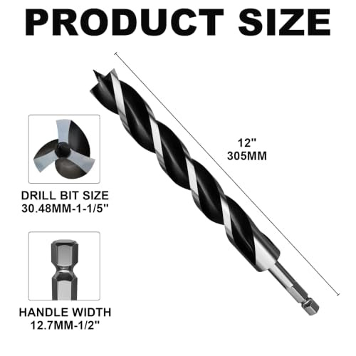1-1/5"×12" Professional Auger Drill Bit for Wood with Quick Change 1/2" Hex Shank- 3-Cutter Design with Dual-Flute for Fast Chip Removal, Fits Hardwood, Softwood, PVC, Drywall & Tree Stumps - size: 1-1/5"×12"
