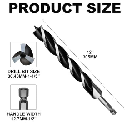 1-1/5"×12" Professional Auger Drill Bit for Wood with Quick Change 1/2" Hex Shank- 3-Cutter Design with Dual-Flute for Fast Chip Removal, Fits Hardwood, Softwood, PVC, Drywall & Tree Stumps - size: 1-1/5"×12"