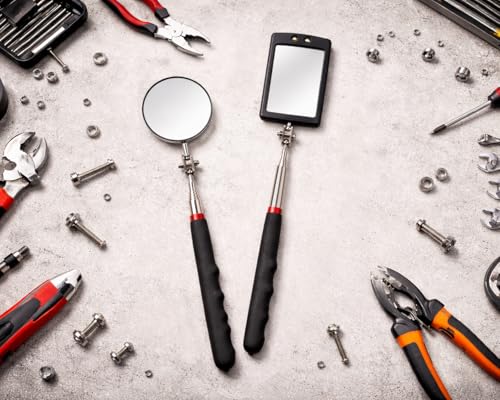 DS. DISTINCTIVE STYLE 2 Pack Telescoping Inspection Mirror, Flexible Round Mechanic Mirror and Lighted Rectangular Extendable Mirror, Automotive Mirror for Inspection Viewing, Mechanic Checking