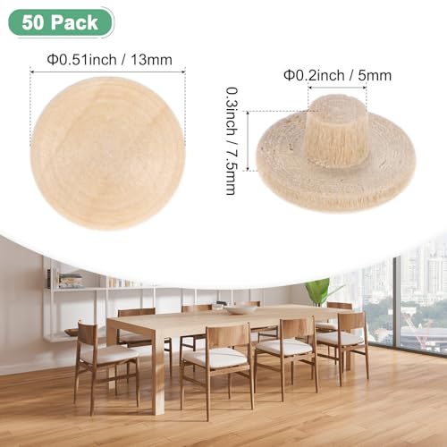 M METERXITY 50-Pack Wood Plugs for Screw Holes, 13 x 5mm Beech Button Wood Top Plugs for Furniture/Stair/Chair/Craft, Flat Head Decorative Wooden Cover - size: 13x5mm