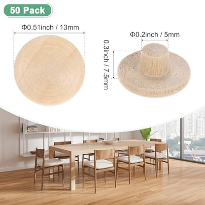 M METERXITY 50-Pack Wood Plugs for Screw Holes, 13 x 5mm Beech Button Wood Top Plugs for Furniture/Stair/Chair/Craft, Flat Head Decorative Wooden Cover - size: 13x5mm
