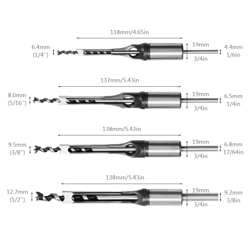 4 Pcs Mortise Chisel Set 1/4 5/16 3/8 1/2 Inch Square Hole Drill Bits for Mortiser Wood Mortising Chisel Drill Bit Hollow Chisel Mortise and Tenon Drill Tools