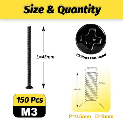 KADRICK M3 x 45mm Countersunk Screws, 150PCS, M3 Flat Head Screws - size: M3x45mm 150PCS