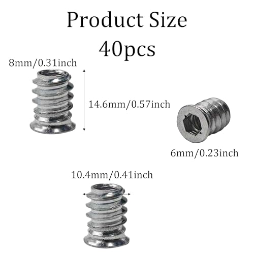 40PCS 1/4-20 x 15mm Threaded Inserts for Wood, Hex Socket Drive Metal Nut Fasteners with Hex Wrench for Furniture Assembly - size: 1/4-20 x 15mm