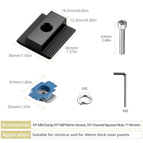 Anbte 10pcs Solar Panels Mid Clamps for Unistrut , 40mm, Black - color: Black, size: 1.57"(40mm)