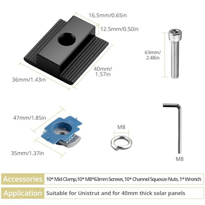 Anbte 10pcs Solar Panels Mid Clamps for Unistrut , 40mm, Black - color: Black, size: 1.57"(40mm)