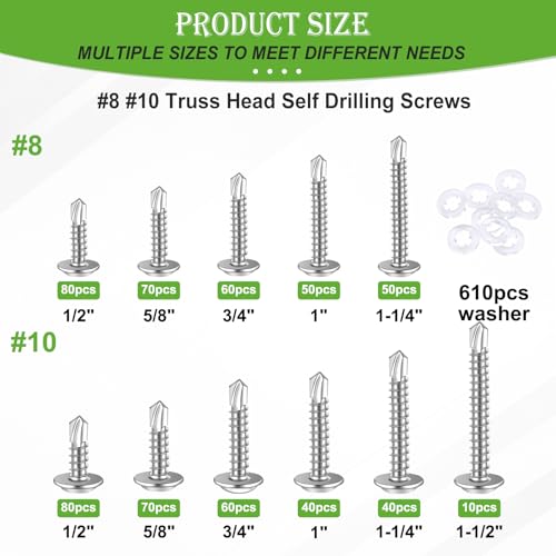 mxuteuk 1220PCS #8#10 Self Tapping Screws for Metal,410 Stainless Steel - size: SV 1220PCS #8 #10 Kit