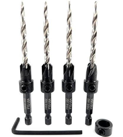 FTG USA #10(3/16") Wood Countersink Drill Bit 4-Pc Set with 3/8" Depth Stop - size: #10, style: 4 Pc with Depth Stop