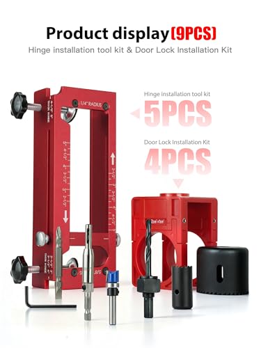 Door Hinge Jig & Lock Hole Drilling Kit – Adjustable Aluminum Router Template for Hinge Mortising (2.5"-5", 1/4"R, 5/8"R, Square Corner) – For 1-3/8" & 1-3/4" Thick Doors