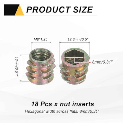 MECCANIXITY 18 Pcs Threaded Inserts for Wood, Zinc Alloy M8 Thread Inserts Nuts Hex-Flush Socket Drive Screw 13mm Length for Furniture, Cabinet, Tables and Chairs - size: M8x13mm