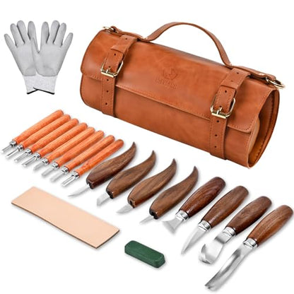 IMYMEE Deluxe Wood Carving Kit - 21Pcs Wood Carving Tools with Leather Storage Bag,Wood Carving Tools Set with 8Pcs Whittling Knives, 8Pcs Detail Carving Knives,Wood Whittling Kit for Beginners - color: Brown